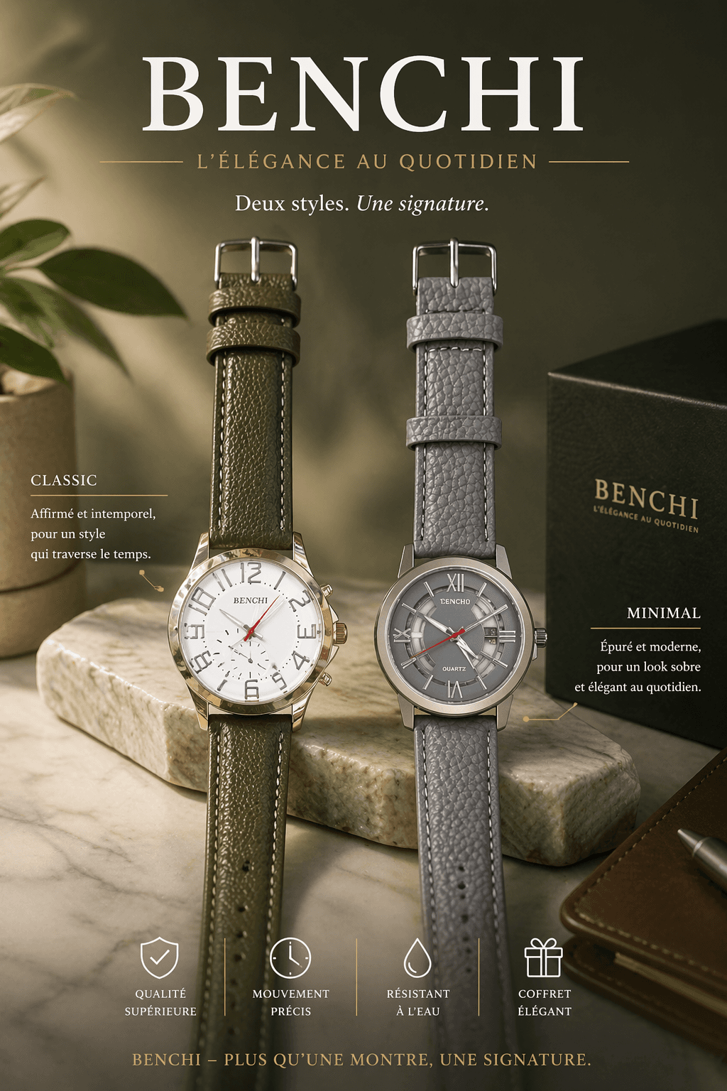 Montre homme classique à bracelet texturé